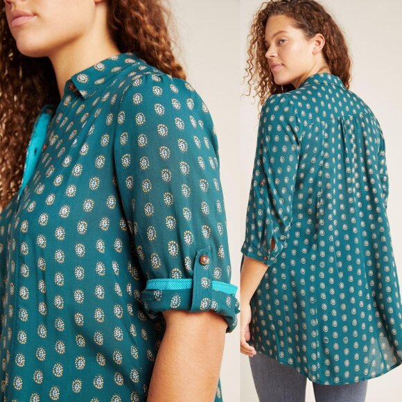 Maeve By Anthropologie Monika Button down Tunic Shirt Top XS Green Longline $128 - Picture 2 of 16